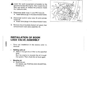 Puede incluir: Un diagrama t&eacute;cnico de un manual que detalla la extracci&oacute;n e instalaci&oacute;n de un conjunto de v&aacute;lvula de bloqueo de pluma. La imagen incluye pasos numerados, diagramas de componentes hidr&aacute;ulicos e instrucciones para rellenar aceite y purgar aire.