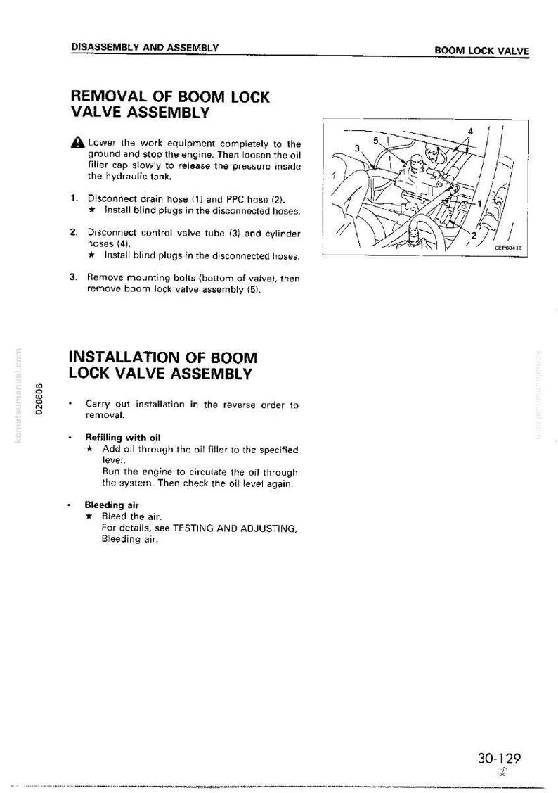 Puede incluir: Un diagrama t&eacute;cnico de un manual que detalla la extracci&oacute;n e instalaci&oacute;n de un conjunto de v&aacute;lvula de bloqueo de pluma. La imagen incluye pasos numerados, diagramas de componentes hidr&aacute;ulicos e instrucciones para rellenar aceite y purgar aire.