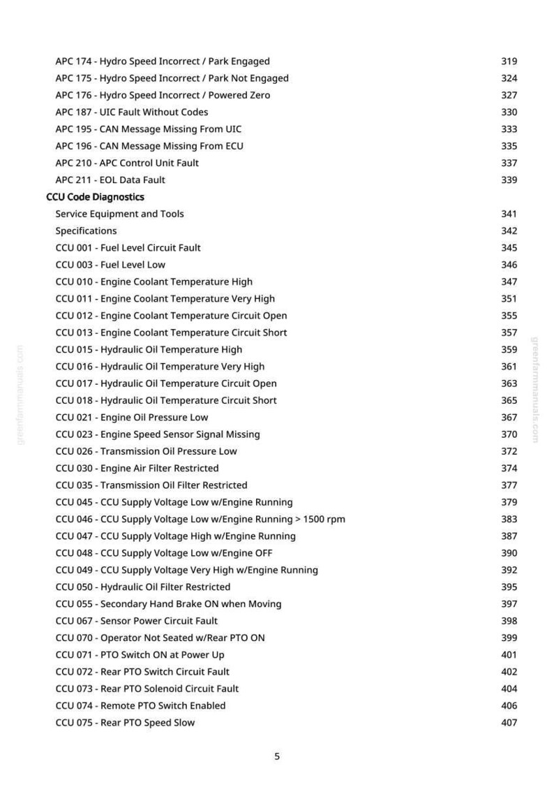 Puede incluir: Una p&aacute;gina impresa de greenfarmmanuals.com, que enumera los diagn&oacute;sticos del c&oacute;digo CCU y los c&oacute;digos APC con descripciones como "Hydro Speed Incorrect" y "Engine Coolant Temperature High".