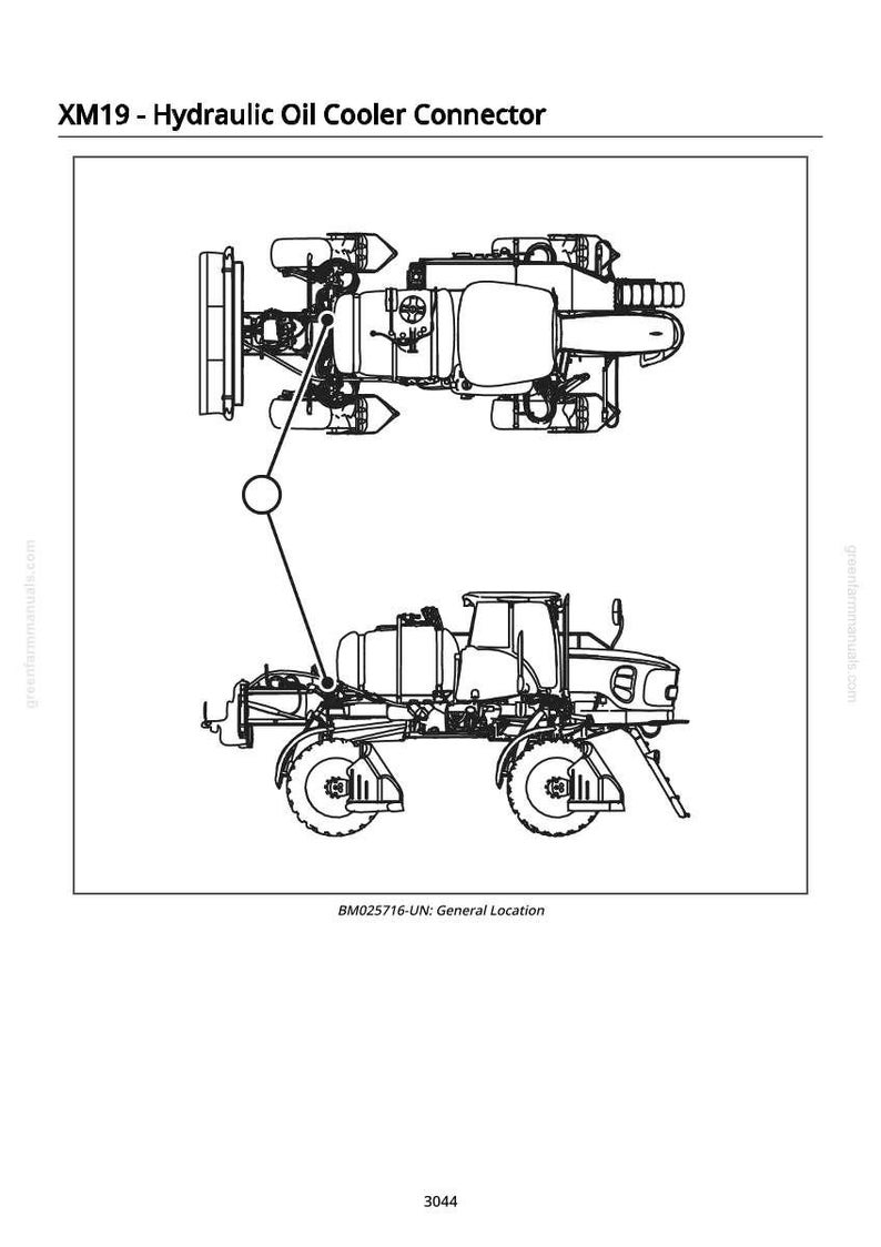 Op de afbeelding: Tekening van een hydraulische oliekoeler connector, aangeduid als "XM19". De afbeelding toont twee aanzichten van een voertuig, van bovenaf en van de zijkant, met gedetailleerde mechanische onderdelen.