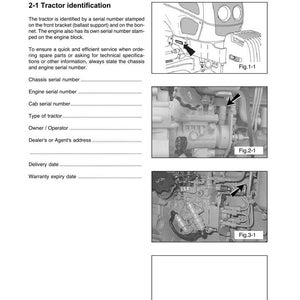 Op de afbeelding: Een pagina uit een tractormanual met de titel "Tractoridentificatie". De pagina bevat diagrammen van motoronderdelen met pijlen die naar specifieke onderdelen wijzen. Tekstdetails over serienummers en andere identificatie-informatie.