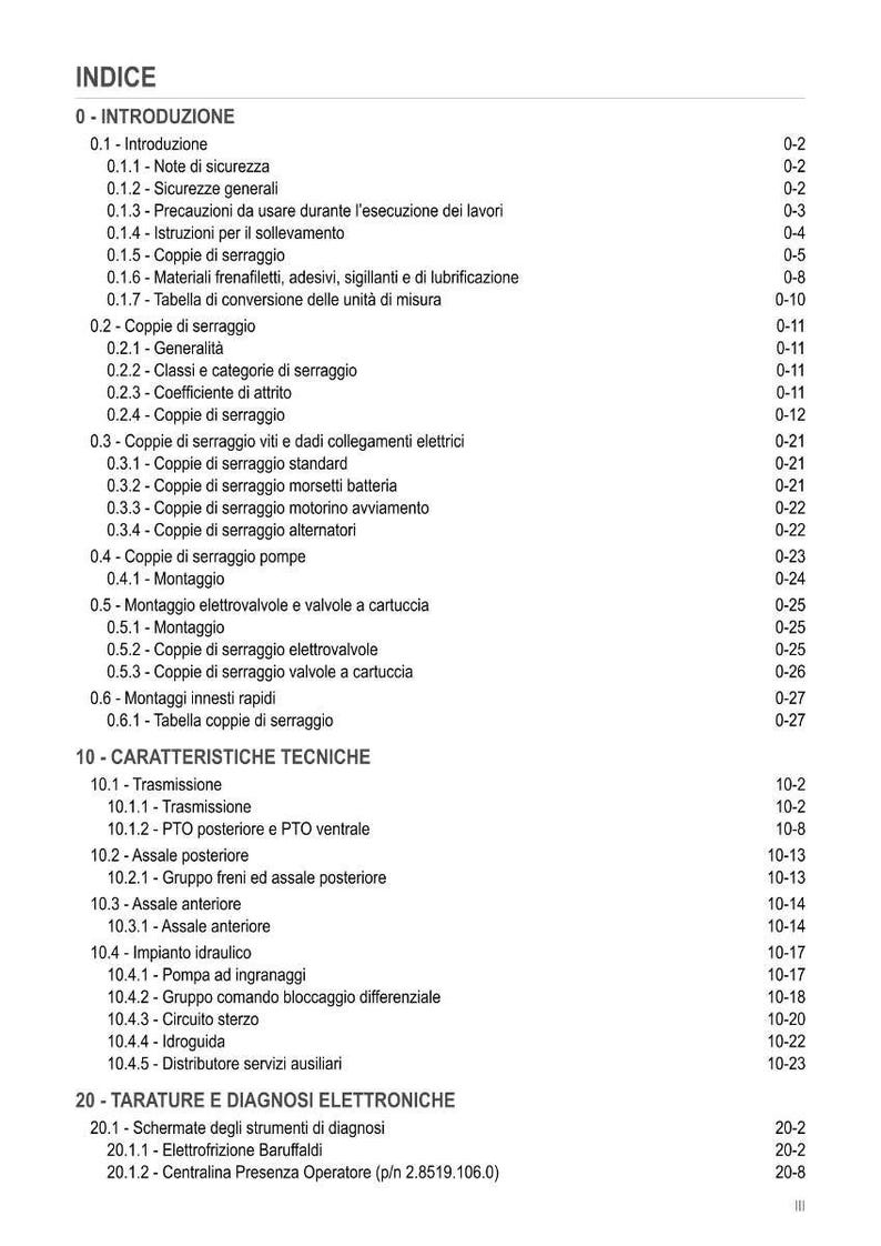 May include: A white document with black text, titled "INDICE" (Index). The document lists various technical topics, including safety notes, tightening torques, and technical characteristics. The document is a table of contents.