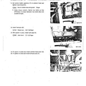 May include: A black and white technical diagram with text detailing the mounting of a nozzle holder assembly. The diagram includes illustrations of engine components and torque specifications in kgm.
