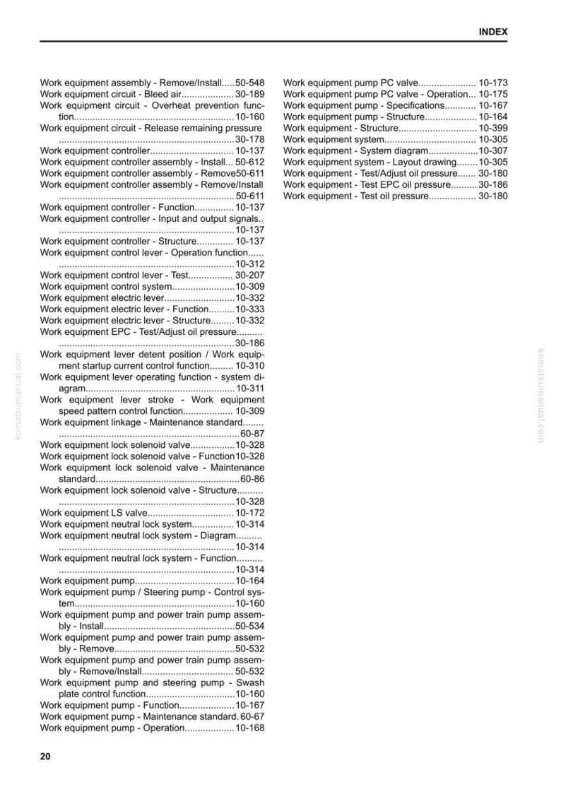 Puede incluir: Una p&aacute;gina de &iacute;ndice de manual, con una lista de componentes de equipos de trabajo y sus n&uacute;meros de p&aacute;gina. El texto es negro sobre fondo blanco, con el t&iacute;tulo "INDEX" en la parte superior. Sin medidas.