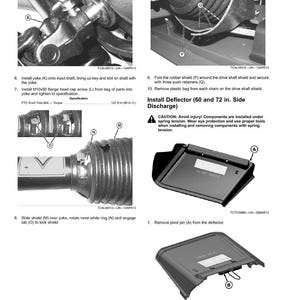 May include: An assembly diagram with detailed instructions and illustrations for mechanical components. The image includes close-ups of parts, diagrams, and text, including torque specifications and safety warnings. The text reads "Assembly" and "Install Deflector".