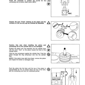 May include: Diagrams and instructions for piston and ring replacement in an engine. The image includes illustrations of engine components, including pistons, connecting rods, and cylinder liners. Text includes part numbers and measurements in inches.