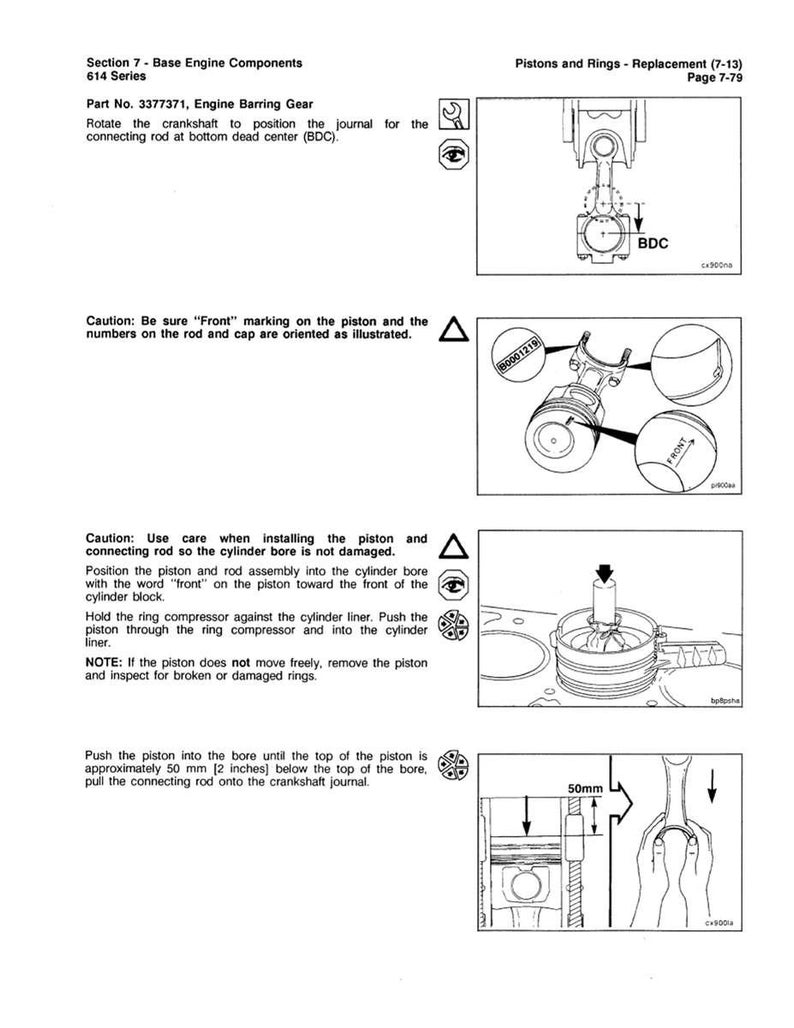 May include: Diagrams and instructions for piston and ring replacement in an engine. The image includes illustrations of engine components, including pistons, connecting rods, and cylinder liners. Text includes part numbers and measurements in inches.