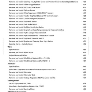 May include: A detailed list of mechanical components and their associated procedures, including sensor locations, removal, and installation instructions. The text is in a clear, easy-to-read font, with page numbers and section headings.