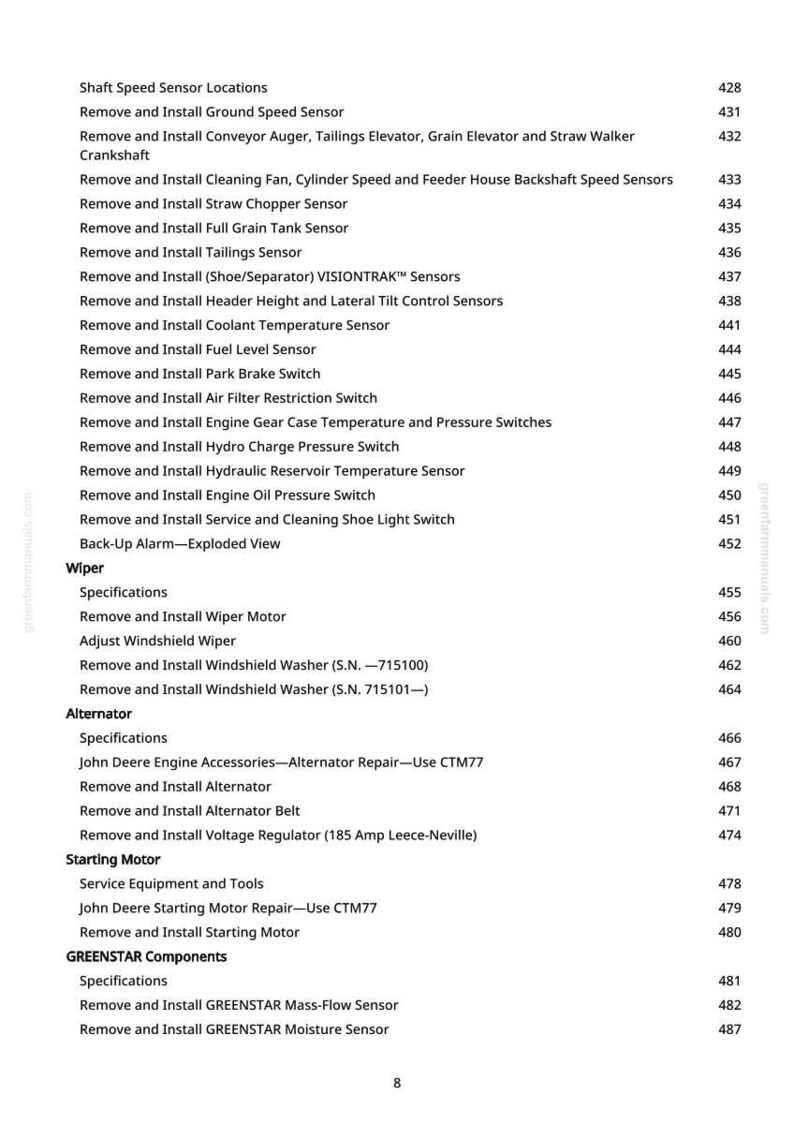 May include: A detailed list of mechanical components and their associated procedures, including sensor locations, removal, and installation instructions. The text is in a clear, easy-to-read font, with page numbers and section headings.