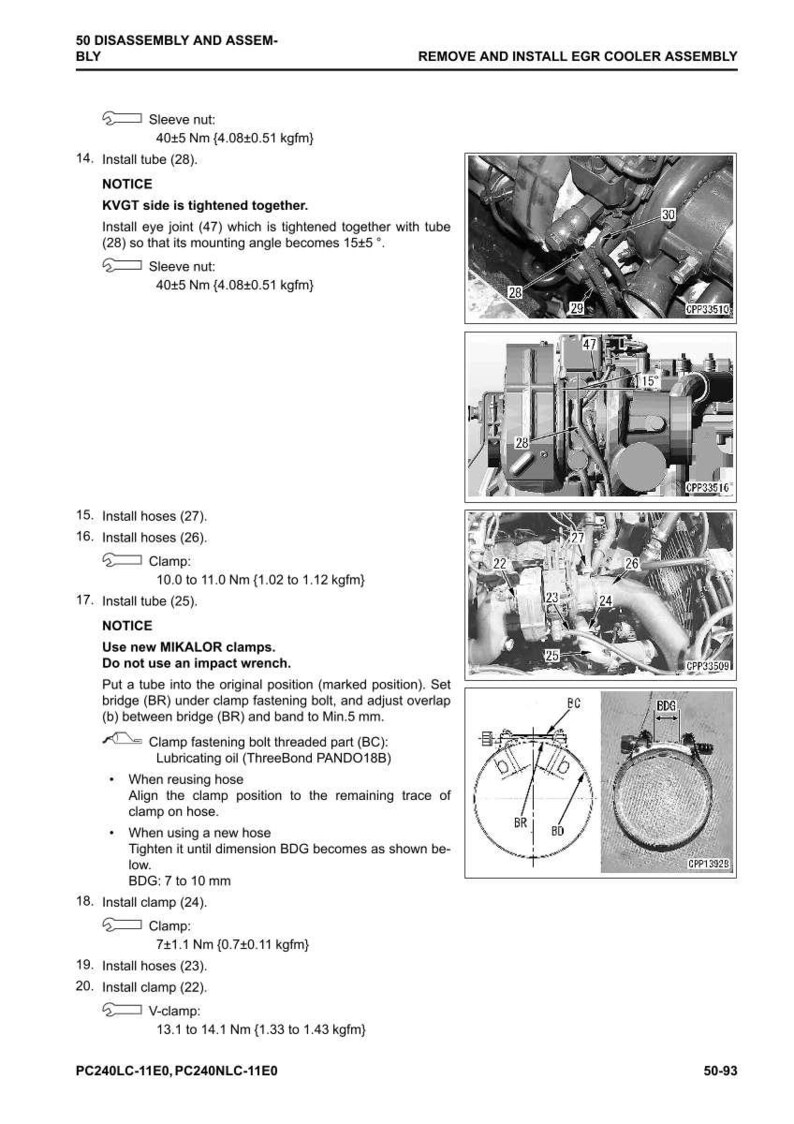 May include: Diagram of an EGR cooler assembly with detailed instructions for disassembly and installation. Includes images of components like tubes, clamps, and hoses, with torque specifications in Newton-meters and kgfm.