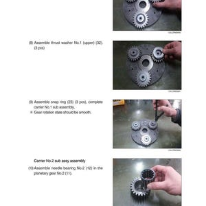 May include: Assembly instructions for mechanical components. The image shows the assembly of planetary gears, thrust washers, and snap rings. The text includes step-by-step instructions and part numbers for each component. The image is a technical diagram.