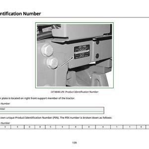 May include: Image of a product identification number plate on a tractor. The plate is located on the right front support member. The image includes the text "Product Identification Number" and a breakdown of the PIN.
