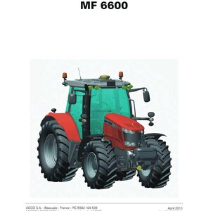 May include: A red and green Massey Ferguson MF 6600 tractor, featured on the cover of a workshop service manual. The manual's title is displayed at the top. The tractor has large tires and a glass cabin. The manual is dated April 2013.