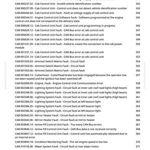 May include: A printed page from a manual, listing various vehicle control unit faults. The text includes fault descriptions like "Circuit fault at ambient temperature sensor" and "CAN Bus error at cab control unit."
