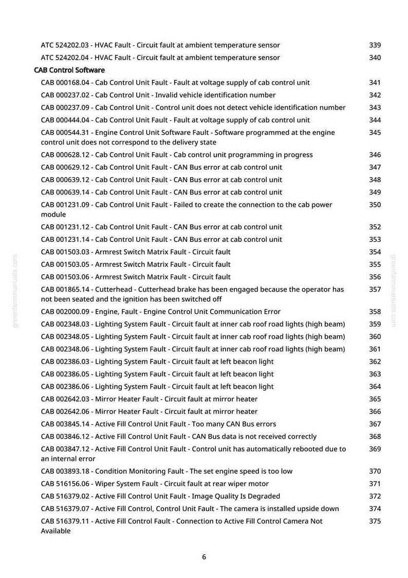 May include: A printed page from a manual, listing various vehicle control unit faults. The text includes fault descriptions like "Circuit fault at ambient temperature sensor" and "CAN Bus error at cab control unit."