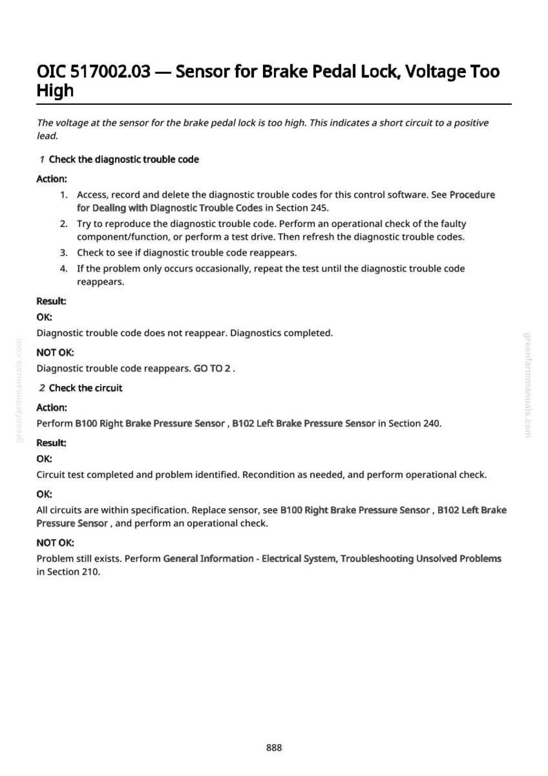 Pu&ograve; includere: Pagina di manuale diagnostico con il titolo "Sensore blocco pedale freno, tensione troppo alta". Fornisce passaggi per la risoluzione dei problemi, inclusa la verifica dei codici e dei circuiti diagnostici.