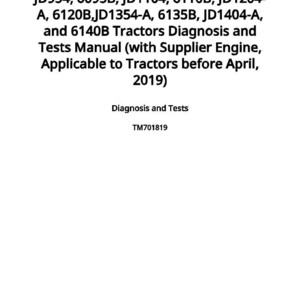 May include: A white page with black text detailing a tractor diagnosis and tests manual. The manual covers JD954, 6095B, JD1104, 6110B, JD1204-A, 6120B, JD1354-A, 6135B, JD1404-A, and 6140B tractors before April 2019. The manual is titled "Diagnosis and Tests" and was published on 4 November 2020.