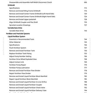 May include: A white-background page from a manual with a table of contents. The text lists various procedures related to agricultural equipment, including drillshafts, fertilizer systems, and variable rate drives. Page number 10 is visible.