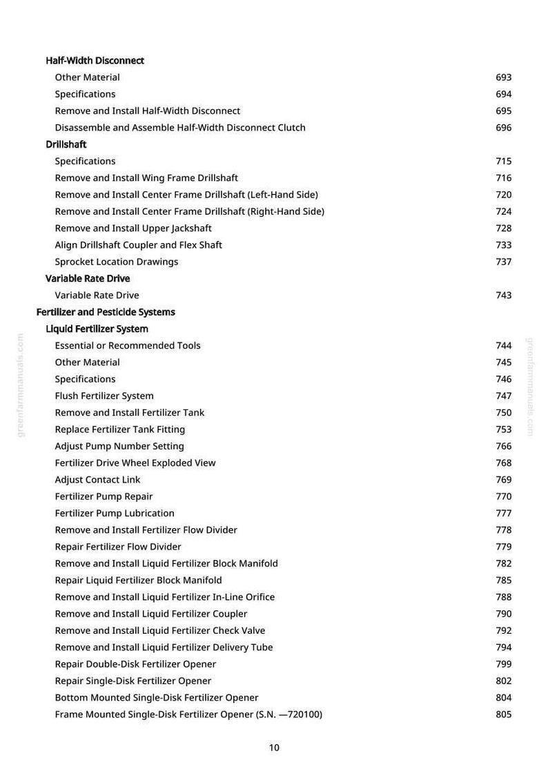 May include: A white-background page from a manual with a table of contents. The text lists various procedures related to agricultural equipment, including drillshafts, fertilizer systems, and variable rate drives. Page number 10 is visible.