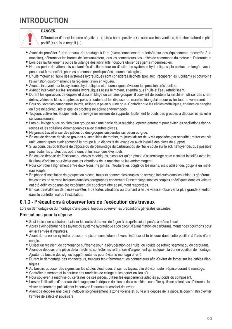 May include: A French-language safety manual page titled "INTRODUCTION", featuring warnings and precautions for machinery maintenance. The text details procedures for welding, lubrication, and component handling, with a red exclamation mark symbol indicating danger. Measurements are in metric.