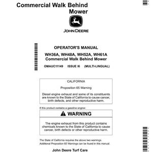 May include: A white operator's manual for a John Deere commercial walk-behind mower. The manual includes warnings about diesel engine exhaust and gasoline engine exhaust. The text includes "Commercial Walk Behind Mower" and "John Deere Turf Care".