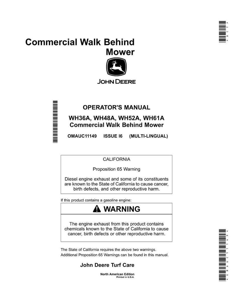 May include: A white operator's manual for a John Deere commercial walk-behind mower. The manual includes warnings about diesel engine exhaust and gasoline engine exhaust. The text includes "Commercial Walk Behind Mower" and "John Deere Turf Care".
