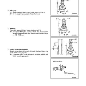 May include: Diagram of transmission assembly and disassembly instructions. Includes illustrations of idler gear, bearing, and clutch pack operation test. Text includes part numbers and assembly steps.