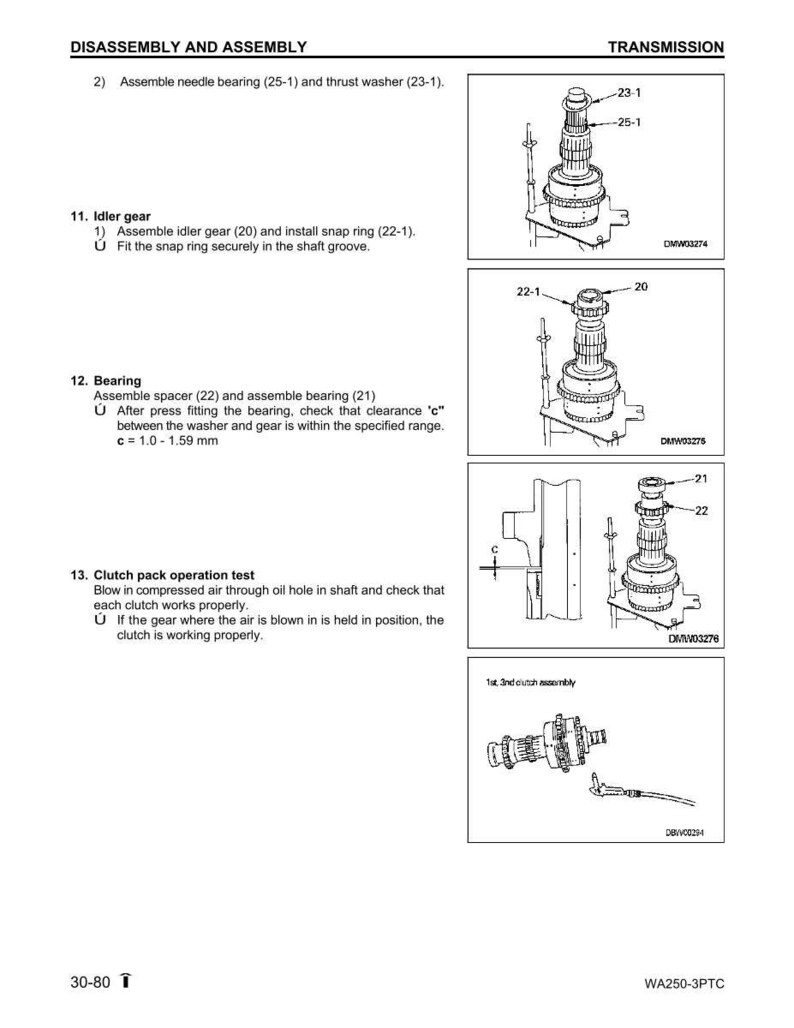 May include: Diagram of transmission assembly and disassembly instructions. Includes illustrations of idler gear, bearing, and clutch pack operation test. Text includes part numbers and assembly steps.