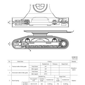 Peut inclure: Sch&eacute;ma technique d'un ch&acirc;ssis de chenille et d'un ressort de rappel, avec des mesures en mm. Le sch&eacute;ma d&eacute;taille le ch&acirc;ssis de chenille, le support de galet et le ressort de rappel, avec des sp&eacute;cifications pour les mod&egrave;les PC200LC et PC220LC.