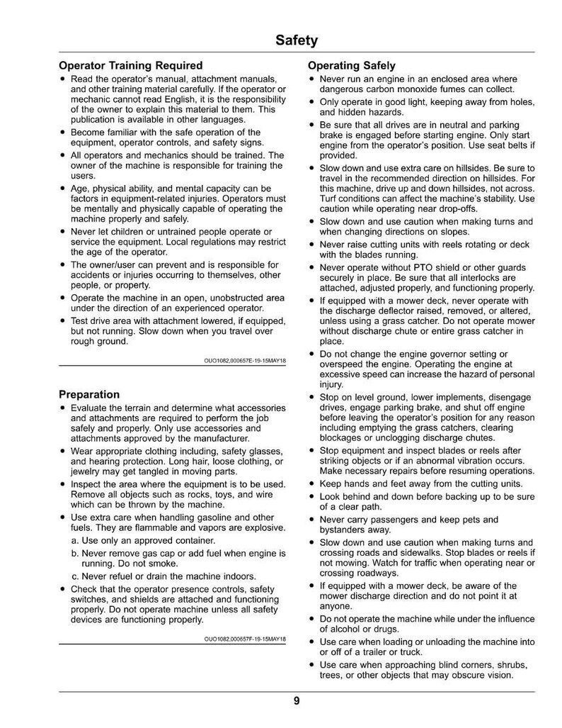 May include: A safety manual page with the title "Safety" and sections on operator training and safe operation. Includes bullet points with instructions and warnings for equipment use.