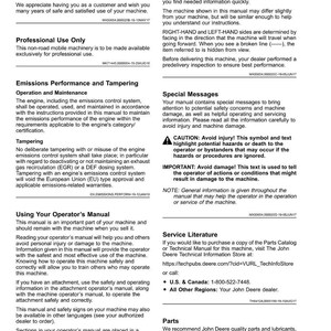 May include: A page from a John Deere operator's manual, featuring sections on safety, operation, and maintenance. The manual includes warnings, instructions, and contact information for service literature and parts. The manual is for professional use.