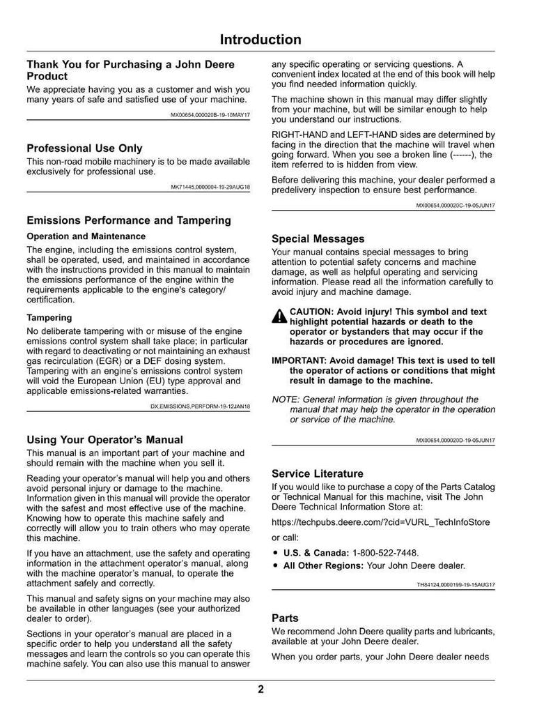 May include: A page from a John Deere operator's manual, featuring sections on safety, operation, and maintenance. The manual includes warnings, instructions, and contact information for service literature and parts. The manual is for professional use.