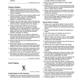 May include: A safety guide with text and illustrations, providing instructions for safe lawn mower operation. Topics include protecting children, avoiding tipping, and safe operation on slopes. The guide emphasizes caution and awareness.