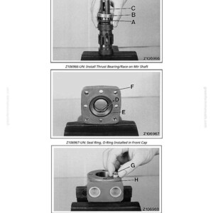 K&ouml;nnte beinhalten: Diagramm der Montageschritte eines Hydraulikmotors. Enth&auml;lt Bilder des Einbaus eines Axiallager, eines Dichtrings und eines Stopfens mit O-Ringen. Teile sind mit A, B, C, D, E, F, G und H gekennzeichnet. Der Titel lautet "Hydraulikmotor montieren".