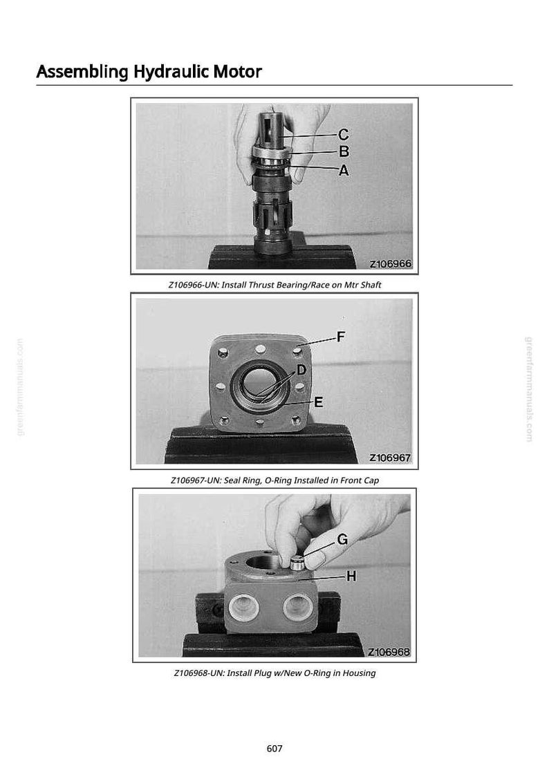 K&ouml;nnte beinhalten: Diagramm der Montageschritte eines Hydraulikmotors. Enth&auml;lt Bilder des Einbaus eines Axiallager, eines Dichtrings und eines Stopfens mit O-Ringen. Teile sind mit A, B, C, D, E, F, G und H gekennzeichnet. Der Titel lautet "Hydraulikmotor montieren".