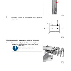 May include: Diagram of mechanical components with text in French. Includes a ruler with a red arrow, a schematic diagram, and a crankshaft with measurement points. The text includes "M&Eacute;THODE D'INTERVENTION" and "REMARQUE".