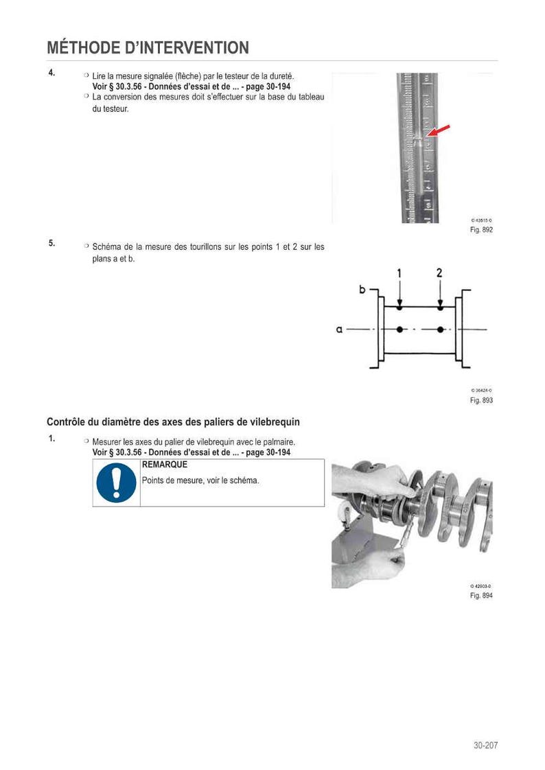 May include: Diagram of mechanical components with text in French. Includes a ruler with a red arrow, a schematic diagram, and a crankshaft with measurement points. The text includes "M&Eacute;THODE D'INTERVENTION" and "REMARQUE".
