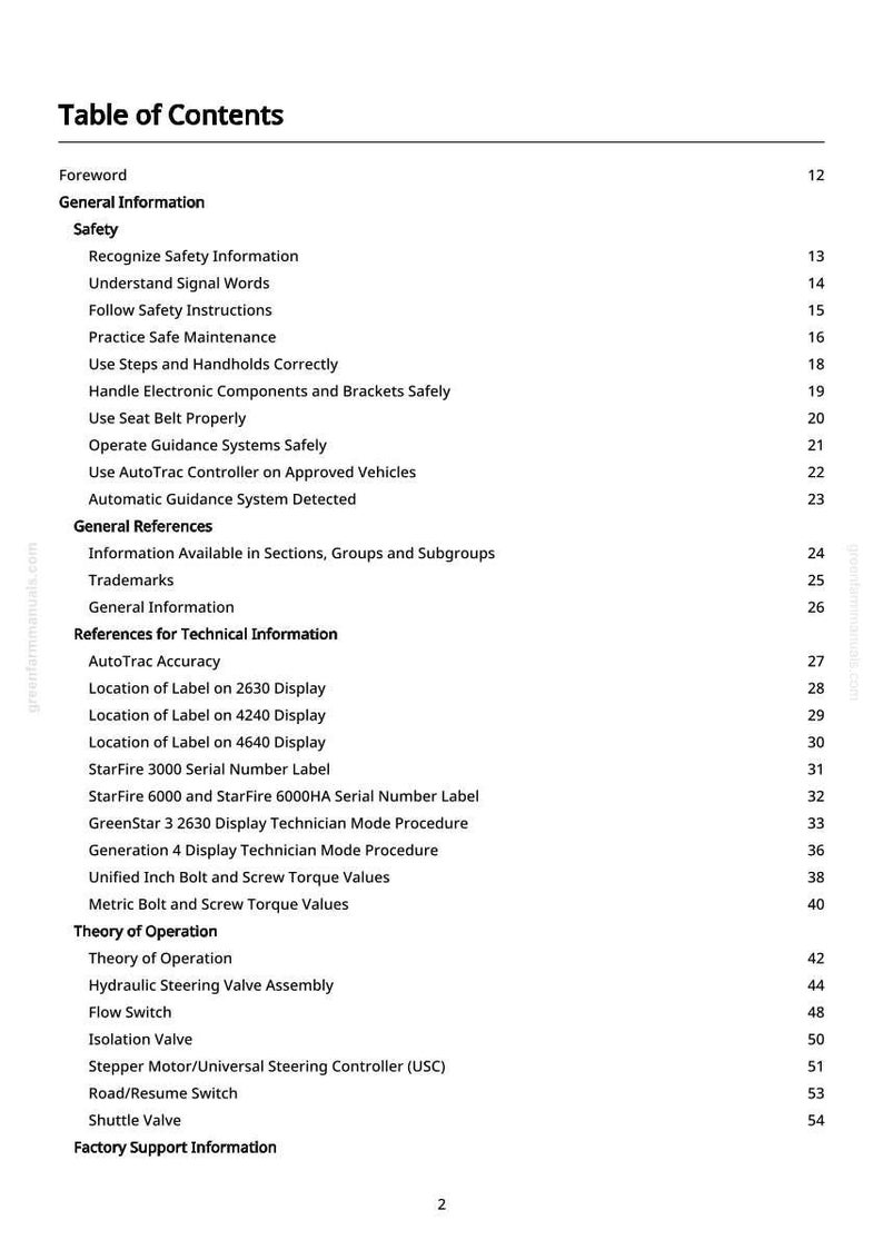 May include: A white printed page titled "Table of Contents" from a manual. The table lists various sections including "Safety", "General Information", and "References for Technical Information". The page includes a website address at the bottom.