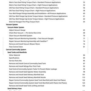 May include: A detailed contents page from a manual, listing topics like sealants, vacuum systems, and seed delivery. The text is in black on white, with page numbers on the right-hand side.