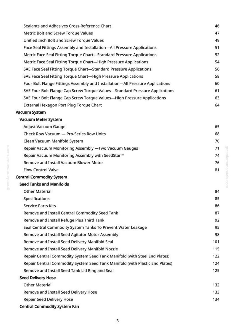 May include: A detailed contents page from a manual, listing topics like sealants, vacuum systems, and seed delivery. The text is in black on white, with page numbers on the right-hand side.