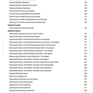 Peut inclure: Une page de manuel avec une liste de proc&eacute;dures pour la transmission et le syst&egrave;me hydraulique d'un v&eacute;hicule. Le texte comprend des titres tels que "Retrait et installation de la cha&icirc;ne d'entra&icirc;nement et du pignon" et "R&eacute;paration du moteur hydrostatique et du frein de stationnement".