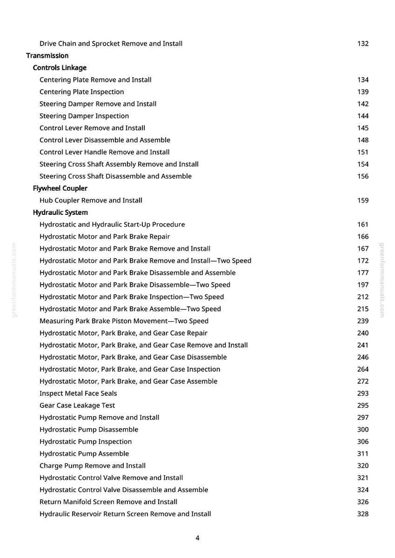 Peut inclure: Une page de manuel avec une liste de proc&eacute;dures pour la transmission et le syst&egrave;me hydraulique d'un v&eacute;hicule. Le texte comprend des titres tels que "Retrait et installation de la cha&icirc;ne d'entra&icirc;nement et du pignon" et "R&eacute;paration du moteur hydrostatique et du frein de stationnement".
