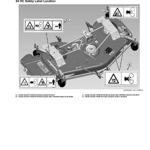 May include: Diagram of a lawn mower with safety labels. The labels warn against injury from rotating blades, thrown objects, and getting caught in the belt. The diagram includes text and symbols.