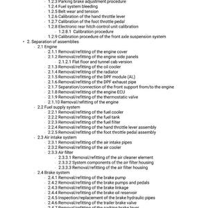 May include: A detailed list of vehicle maintenance procedures, including engine, fuel supply, air intake, brake, and steering systems. The text includes calibration, removal, and refitting instructions for various components.