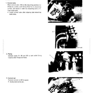 May include: Diagram of a work equipment control valve assembly, with labels and close-up images of components. Includes text detailing the disassembly and assembly process, with numbered steps and part references.