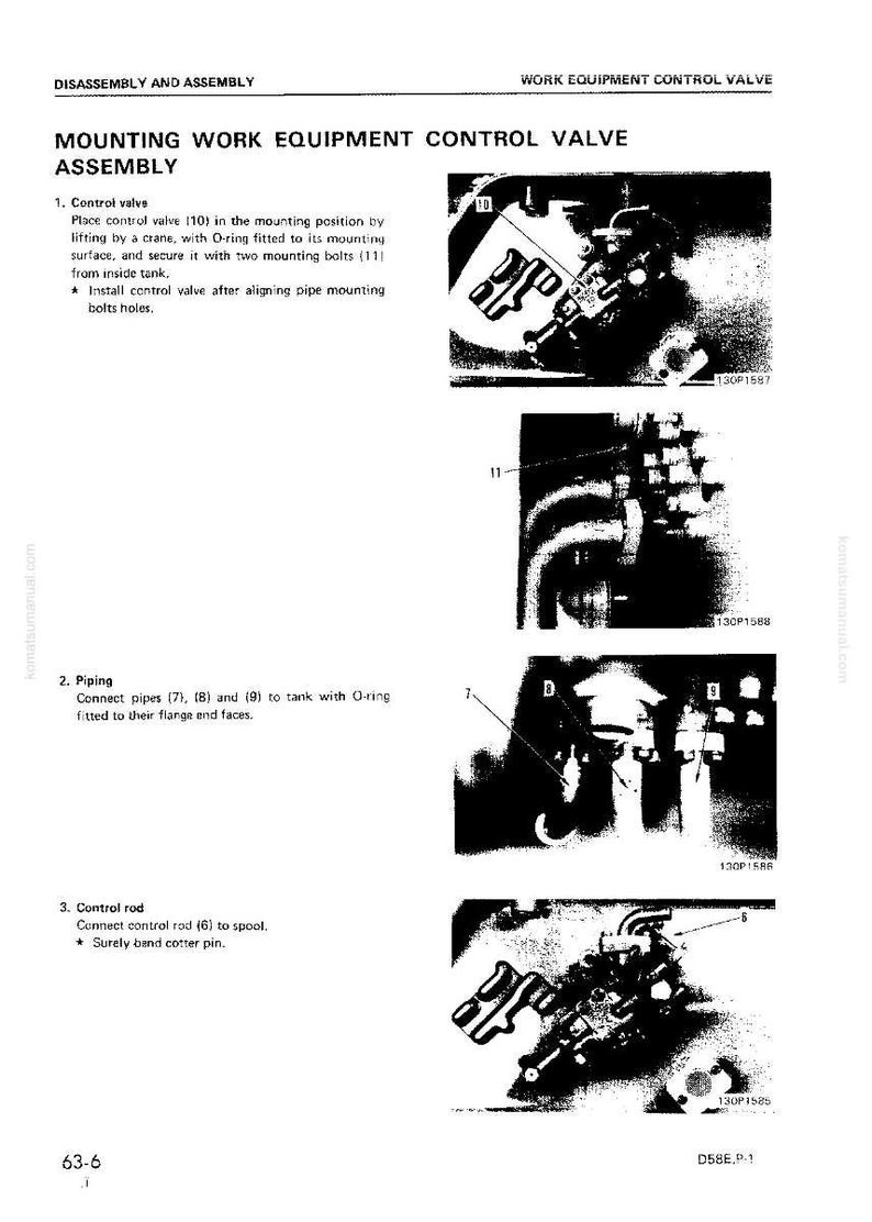 May include: Diagram of a work equipment control valve assembly, with labels and close-up images of components. Includes text detailing the disassembly and assembly process, with numbered steps and part references.