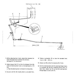 May include: Diagram illustrating the adjustment of steering lever travel, with measurements in millimeters. The image includes a detailed mechanical drawing with labels and instructions, focusing on components like the stopper bolt and turnbuckle.