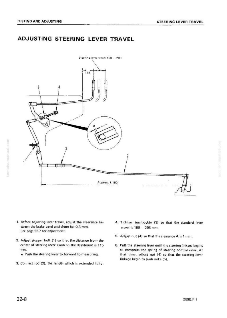 May include: Diagram illustrating the adjustment of steering lever travel, with measurements in millimeters. The image includes a detailed mechanical drawing with labels and instructions, focusing on components like the stopper bolt and turnbuckle.