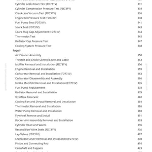 Peut inclure: Une page d'un manuel greenfarmmanuals.com, &eacute;num&eacute;rant les proc&eacute;dures de r&eacute;paration du moteur. Les proc&eacute;dures comprennent les r&eacute;glages, les tests, le retrait et l'installation de divers composants du moteur. Les num&eacute;ros de page sont indiqu&eacute;s &agrave; droite.