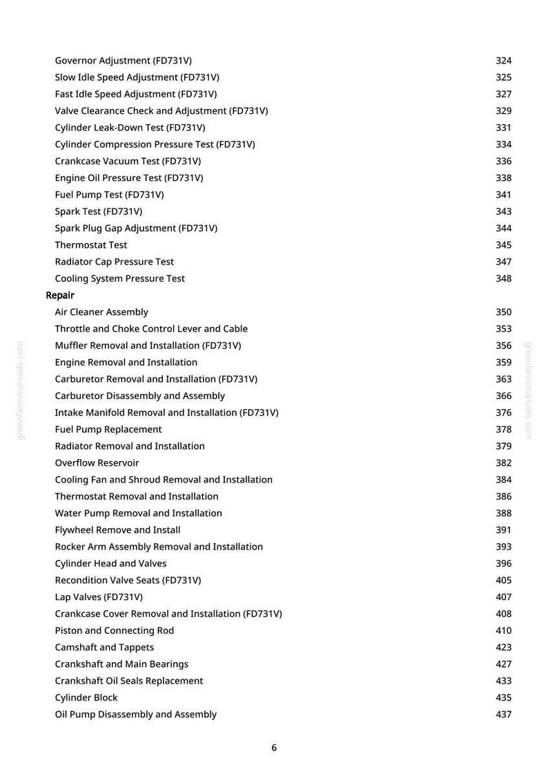 Peut inclure: Une page d'un manuel greenfarmmanuals.com, &eacute;num&eacute;rant les proc&eacute;dures de r&eacute;paration du moteur. Les proc&eacute;dures comprennent les r&eacute;glages, les tests, le retrait et l'installation de divers composants du moteur. Les num&eacute;ros de page sont indiqu&eacute;s &agrave; droite.